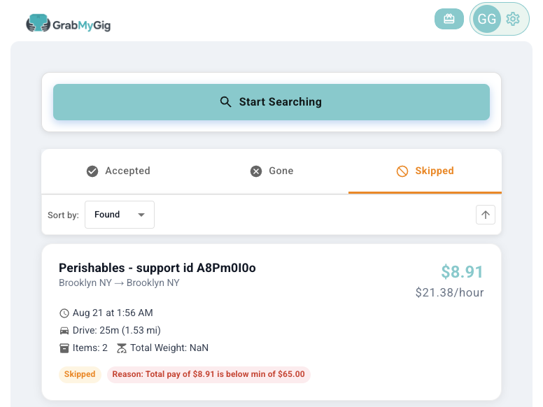 GrabMyGig Roadie Bot Searching Offers