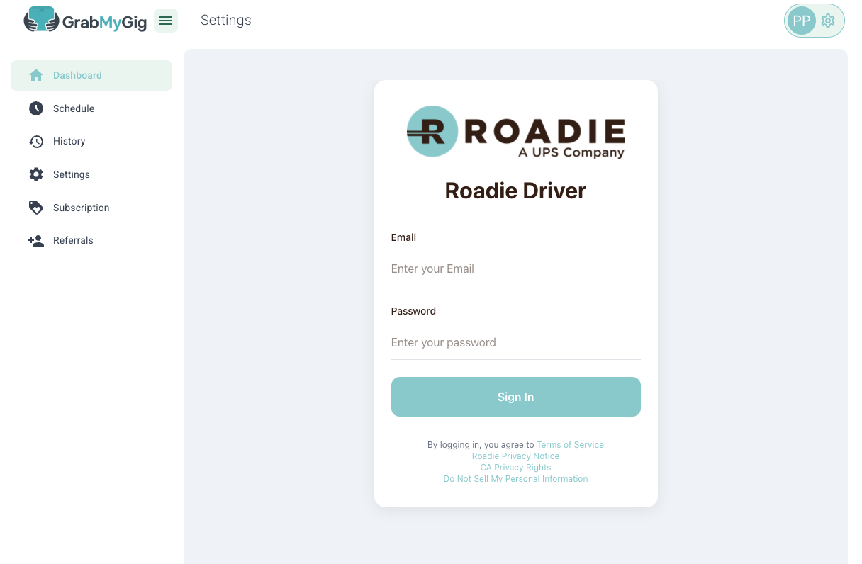 GrabMyGig Roadie Login Screen