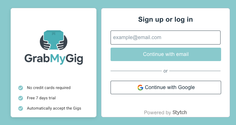 GrabMyGig Login Screen
